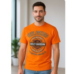 Harley Davidson T Shirt Motorcycles New Smyrna Graphics Orange Tee Mens Size S